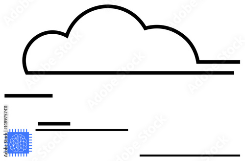 Stylized cloud with connected neural chip signifies data storage, AI, and innovation. Ideal for technology, cloud services, AI, connectivity, software machine learning networking. Flat simple