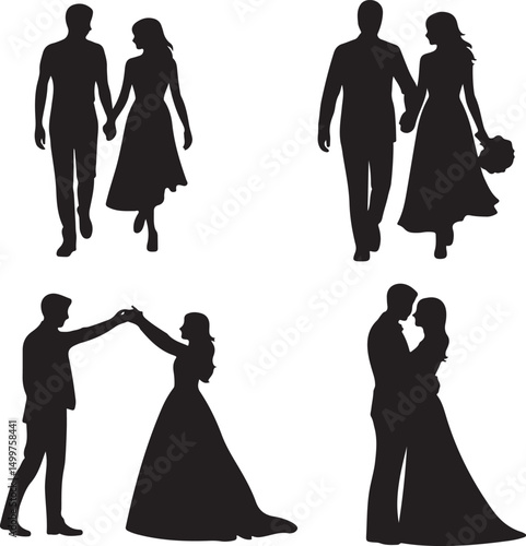 Just Married Couple Silhouette

Bride & Groom Walking Hand in Hand

Wedding Day Kiss Vector Design

Elegant Wedding Couple Under Arch

Silhouette of Romantic Wedding Moment
