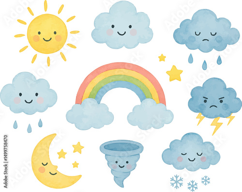 Cute watercolor weather vector set. Hand-drawn sun, clouds, rainbow, moon, lightning, rain, and snow elements, perfect for kids' illustrations, educational materials, fantasy art, and seasonal designs