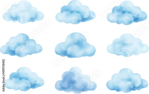 Watercolor clouds set in blue shades. Hand-painted fluffy sky elements transparent PNG. Children’s illustrations, fantasy art, dreamy sky, and weather-themed design vector.