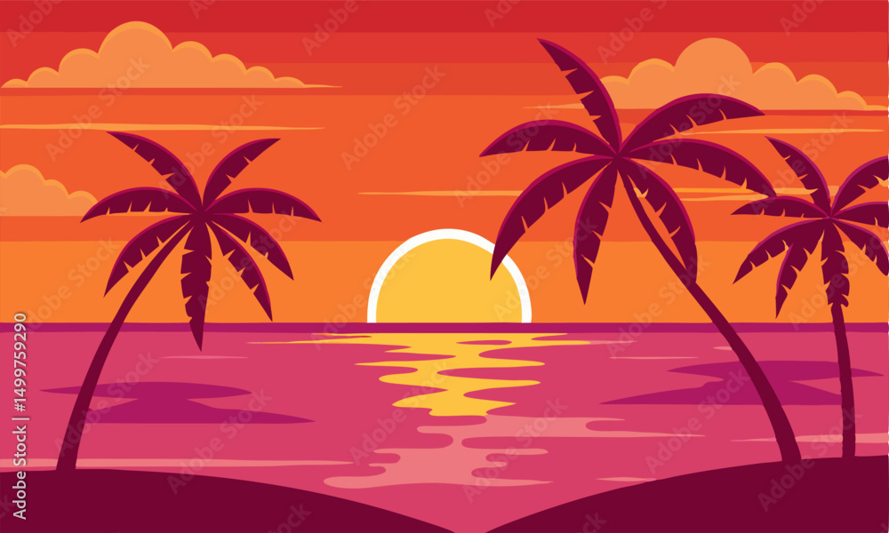 Tropical Sunset Beach Scene: Palm Trees Silhouette at Dusk Tropical Sunset Beach Scene: Palm Trees Silhouette at Dusk