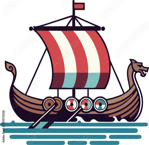 Flat Vector Illustration of Viking Longship with Dragon Head and Shields – Colorful Norse Boat with Red Striped Sail for Historical and Educational Designs