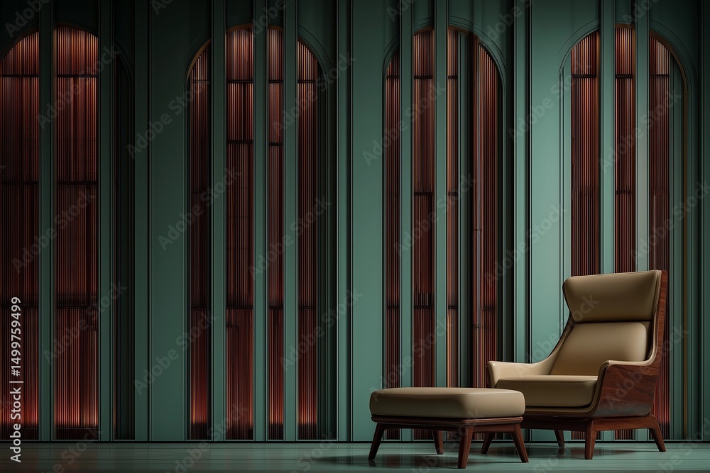 Obraz premium Minimalist dark green wall with vertical wooden panels and arched window frames, leather chair and footstool in front.