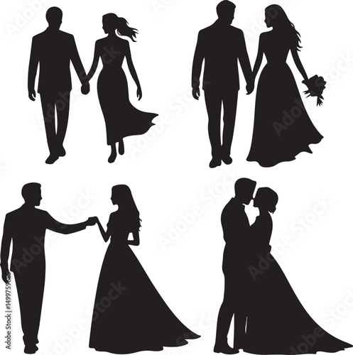 Just Married Couple Silhouette

Bride & Groom Walking Hand in Hand

Wedding Day Kiss Vector Design

Elegant Wedding Couple Under Arch

Silhouette of Romantic Wedding Moment