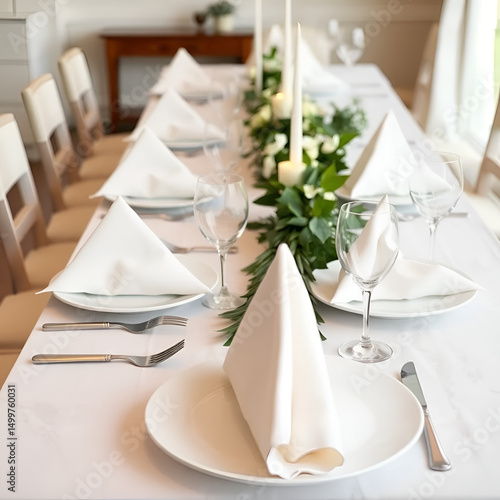 Festive table setup, white napkins set triangularly, elegant simple tableware on long table. Modest dinner for few close people.