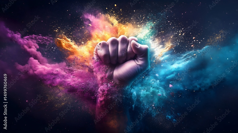 Obraz premium Vibrant raised fist symbolizes unity and strength during Pride Month celebration with rainbow colors promoting diversity