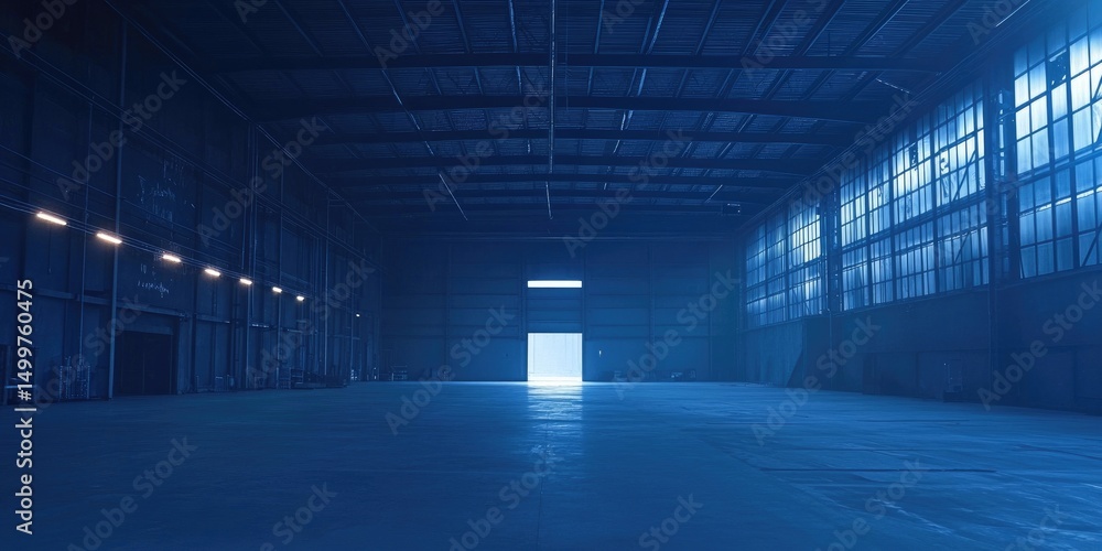 Fototapeta premium Empty warehouse interior, monochromatic blue