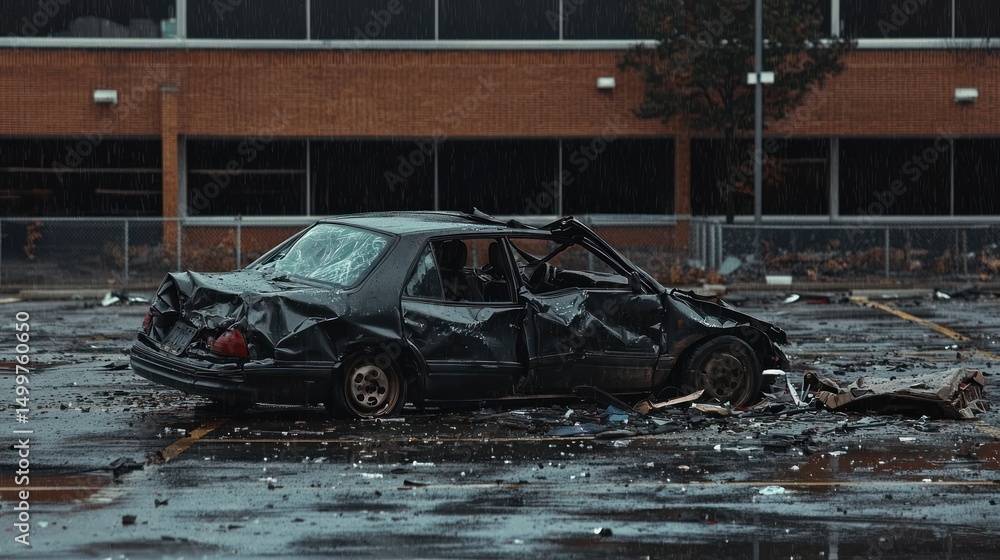 Abandoned Car in Rainy Parking Lot with Damaged Exterior Abandoned Car in Rainy Parking Lot with Damaged Exterior