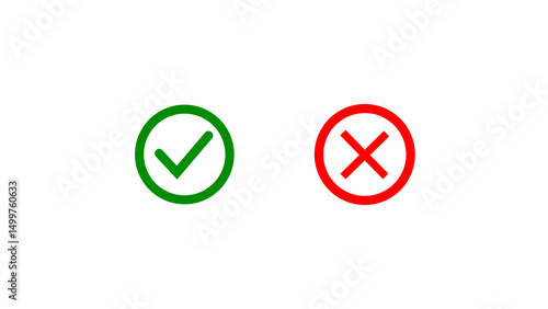 Green check mark and red x symbol illustrations representing approval or disapproval positive and negative choices on white background.