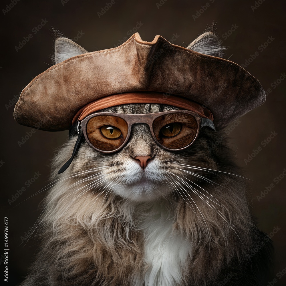 Fototapeta premium Cute cat in costume with glasses indoor setting pet photography adorable animal concept
