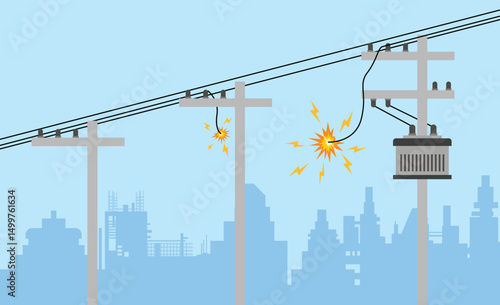 Damaged Utility Pole Sparks Dangerous Short Circuit, Electrical Sparks on Power Lines, Vector Illustration