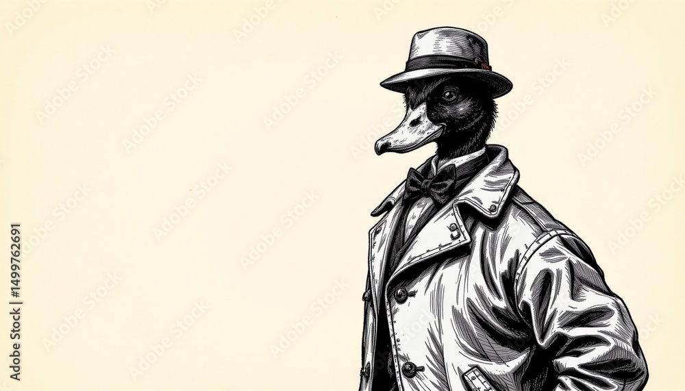 Obraz premium create a black and white illustration of a stylish duck wearing an old fashioned coat, the subject should be positioned on the right side of the image with ample copy space on the left side