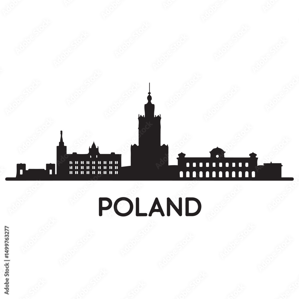Fototapeta premium Warsaw skyline horizontal banner. Black Warsaw, Poland. Vector template for your design. Vector black silhouette. with white background