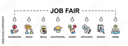 Job fair banner web icon vector illustration concept for employee recruitment and onboarding program with an icon of the information, advice, skills, occupational, applicants, recruit, and hiring