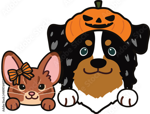 Simple and adorable Halloween illustration of Abyssinian cat and Australian Shepherd with paws