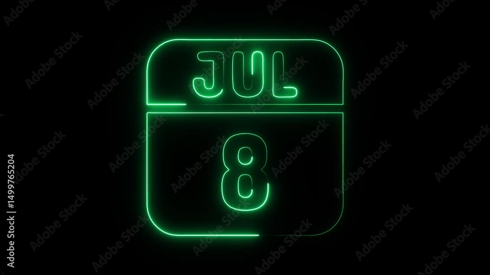 Glowing neon 8 july icon isolated on black background.a neon sign with a calendar that says Glowing neon 8 july icon isolated on black background.a neon sign with a calendar that says