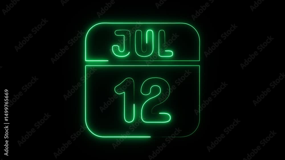 Glowing neon 12 july icon isolated on black background.a neon sign with a calendar that says Glowing neon 12 july icon isolated on black background.a neon sign with a calendar that says