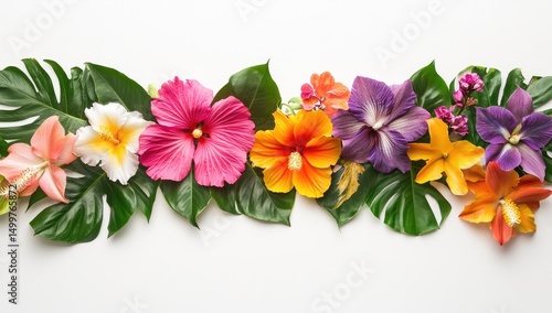 Wallpaper Mural Colorful tropical flowers and leaves arranged in a horizontal line on a white background Torontodigital.ca