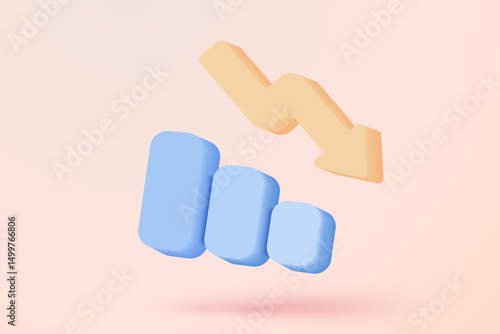 3D graph with plummeting on background. Business failure with negative trend concept, bar chart down. 3d representation for finance investment. 3d trading stock icon vector render illustration