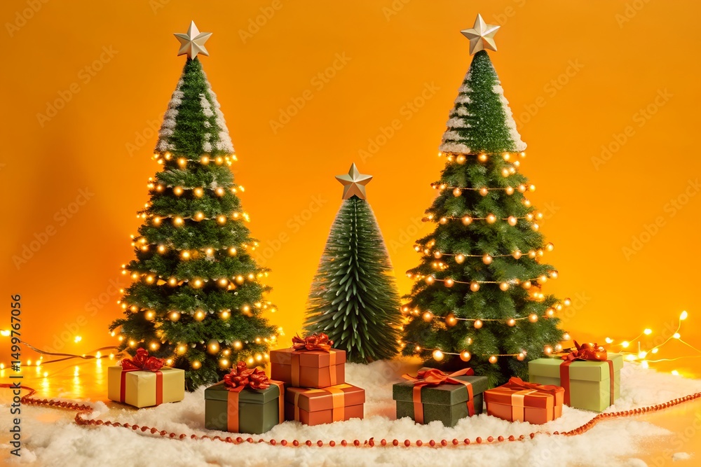Fototapeta premium Christmas trees with gifts and lights on orange background