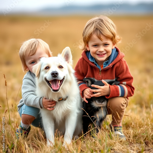 Happy little children having fun with dog pet on field. Child 5 years old. Carefree childhood. Kids spending time together with a dog in field.