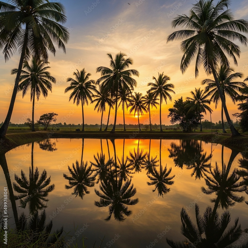 Obraz premium Silhouette of palm trees at sunset reflection in water