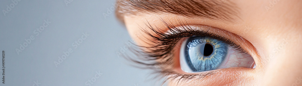 Fototapeta premium Close-up of a beautiful blue eye with detailed eyelashes and vibrant iris patterns.