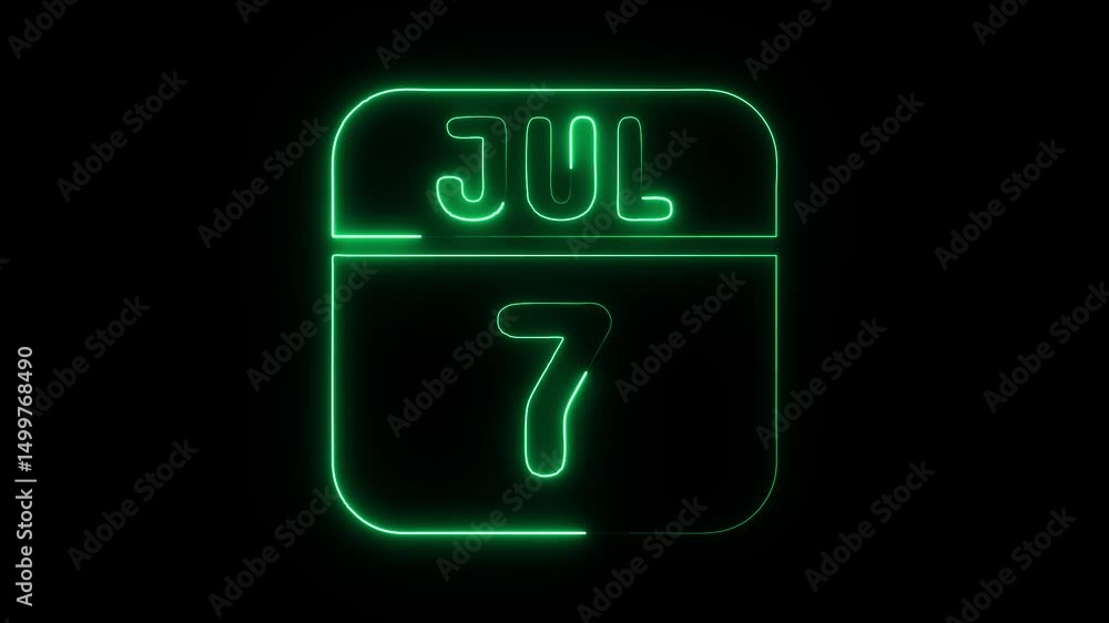 Glowing neon 7 july icon isolated on black background.a neon sign with a calendar that says Glowing neon 7 july icon isolated on black background.a neon sign with a calendar that says