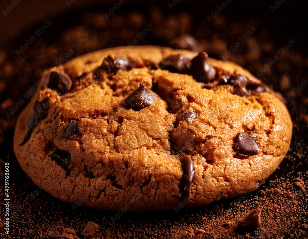 Fototapeta premium Chocolate chip cookie with melted chips, macro detail