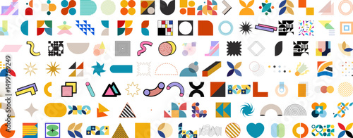 Geometric Shapes Composition: A vibrant and meticulously arranged array of diverse geometric forms, displaying a visually captivating and creatively curated palette of shapes, colors, and design