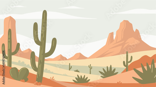 Desert Landscape Illustration: Southwestern Cactus and Mountains