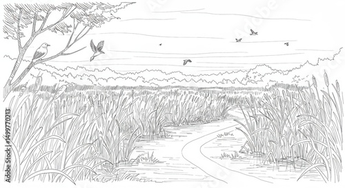 Scenic Line Drawing of Sasali Natural Park Wetland