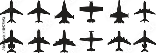 Airplane icon set. Aircraft, plane, flight, airline, aeroplane symbol, military fighter jet collection in flat style.