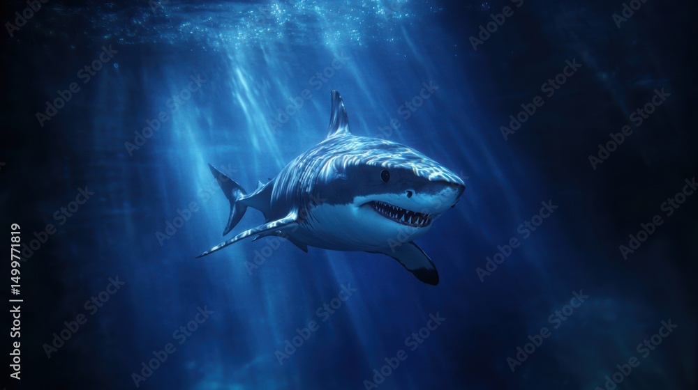 Fototapeta premium Great white shark swimming in ocean depths