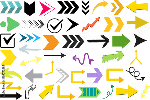 Arrow Icon Collection: A diverse collection of arrow icons in various styles, colors, and directions, perfect for web design, presentations, and graphic design projects.
