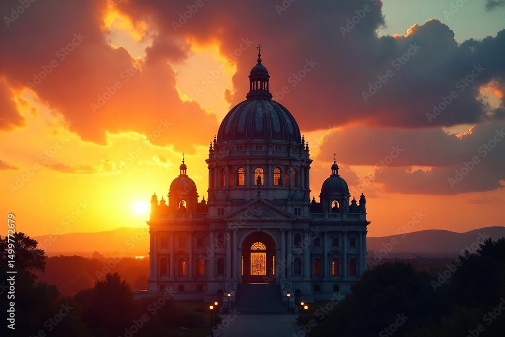 Fototapeta premium A majestic, grand funeral dome stands silhouetted against a dramatic sunset sky Its architectural details are beautifully highlighted by the golden light , funeral service, tribute