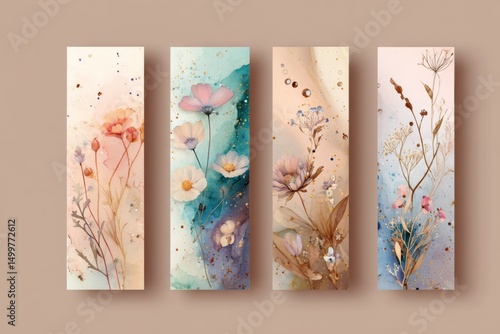 Four vertical bookmarks with delicate floral watercolor designs are displayed side by side against a soft beige background. Each bookmark features different pastel-colored flowers.