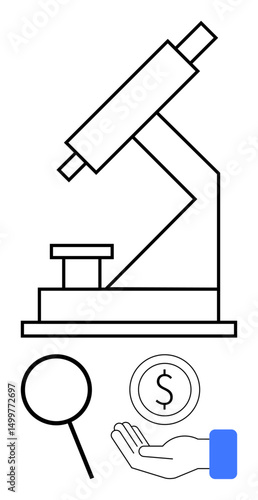 Microscope symbolizing scientific research, magnifying glass for focus, money representing funding, and hand for collaboration. Ideal for research, innovation, funding, science, education teamwork