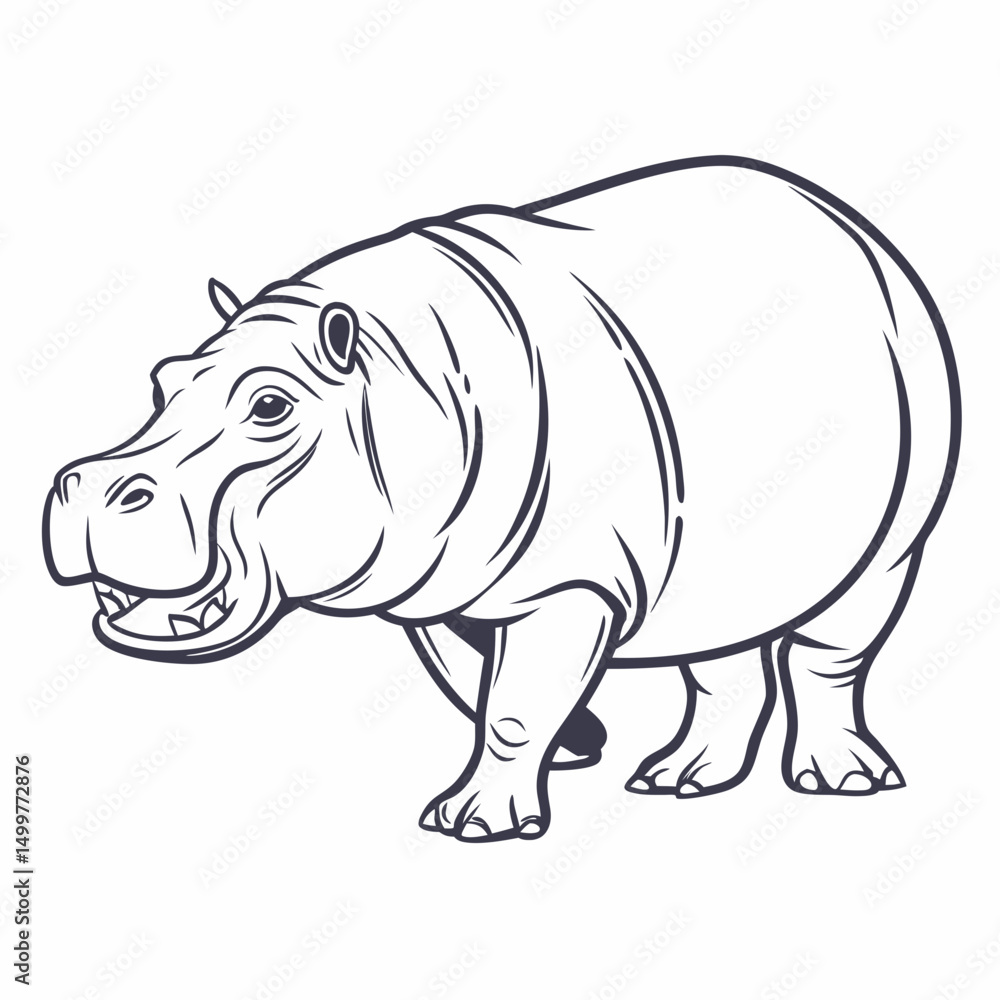 Fototapeta premium hippo cartoon coloring page outline line art vector illustration, isolated on white background