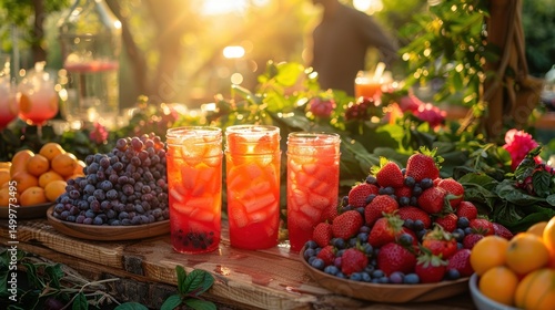 Colorful summer mocktail bar setup, fresh fruits, sunlight