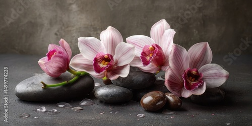 Spa Still Life with Orchid Flowers, Stones, and Gray Background for Wellness and Relaxation