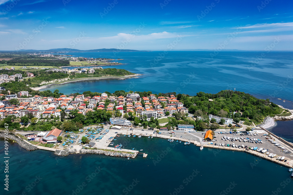 Fototapeta premium Aerial view to a sea town Tsarevo, Burgas, Bulgaria