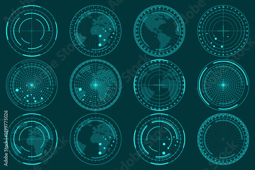 Global Targeting HUD: A collection of twelve unique, teal-hued heads-up display (HUD) elements, each featuring a stylized world map at its center, ideal for projects requiring a futuristic.