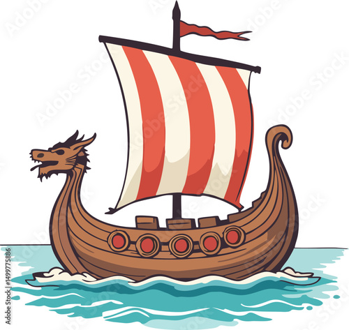 Cartoon Viking Longship Vector with Dragon Head and Red Sail – Historical Scandinavian Boat Illustration for Educational and Design Use