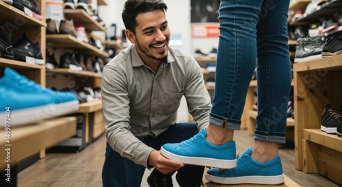 Shoe store employee assisting customer with sneaker fitting