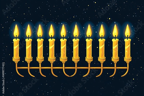 Nine golden candles burning brightly on menorah