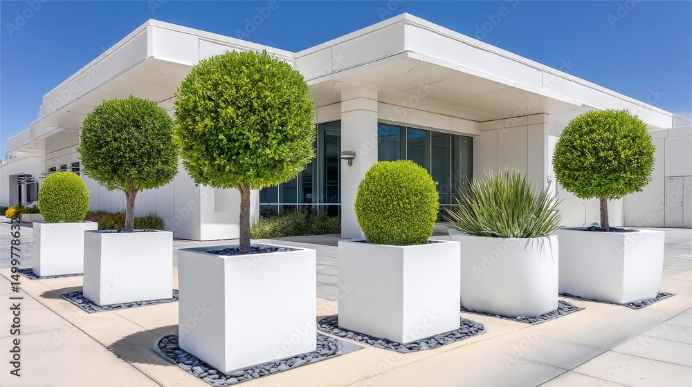 Fototapeta premium Modern Urban Rooftop Garden Design - Architectural landscaping, contemporary design, geometric planters, lush greenery, peaceful oasis