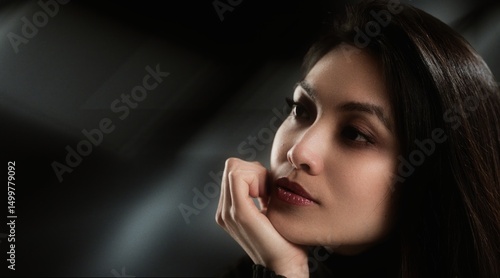 Thoughtful young woman with dark hair and lipstick is holding her chin and looking away from the camera on a dark background