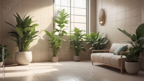 Sunlight-drenched room with plants and a couch