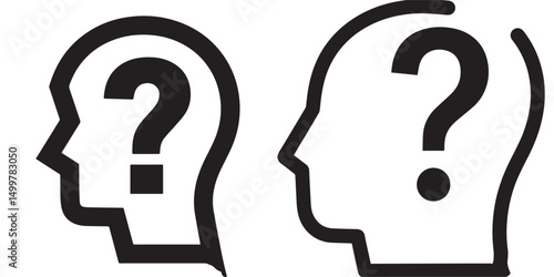 Two graphic illustrations depict human heads in profile with question marks, symbolizing thought and inquiry. The left has a bold, solid question mark, while the right features a thinner outline and a
